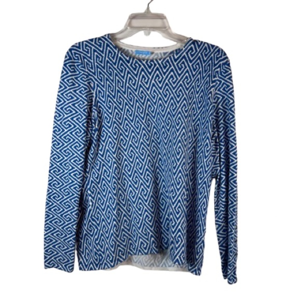 J.McLaughlin Blue White Geometric Knit Long Sleeve Top Large Classic Preppy